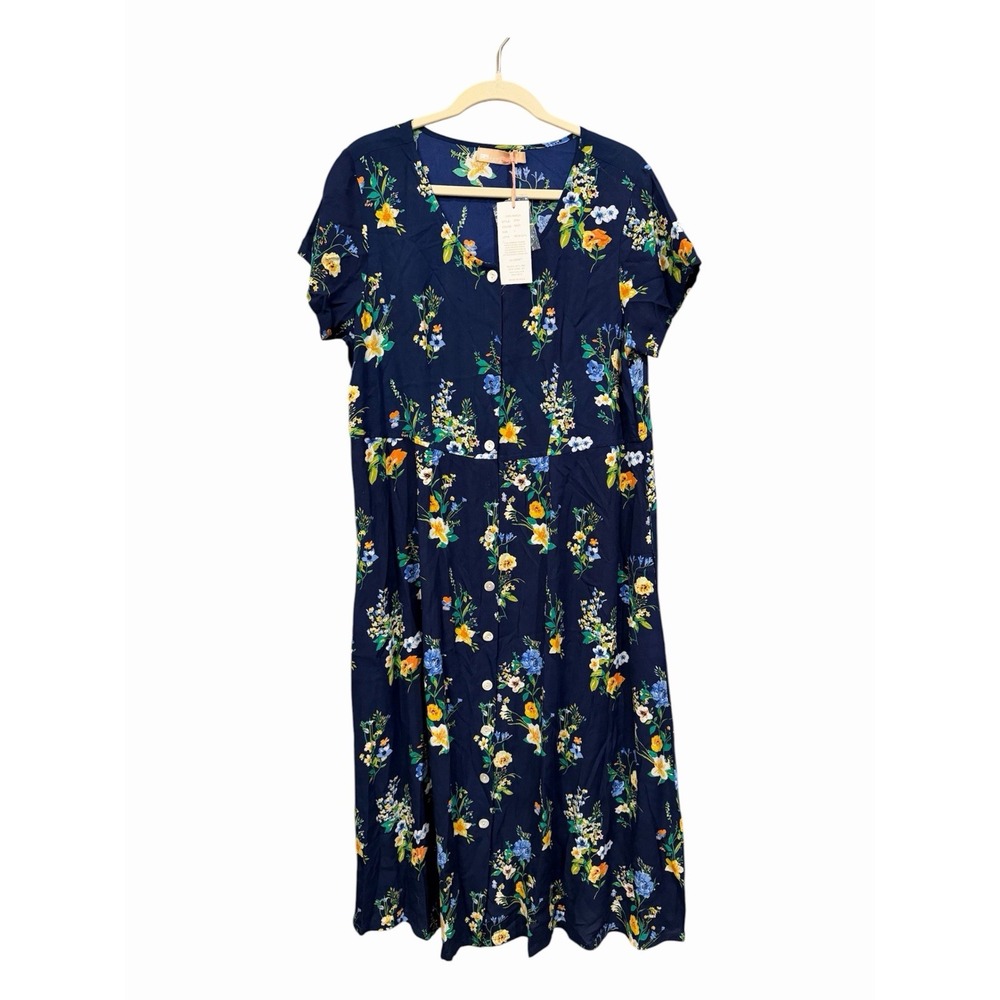 NEW La Cera Blue Floral Button Front Shirt Dress Size Large Cottagecore